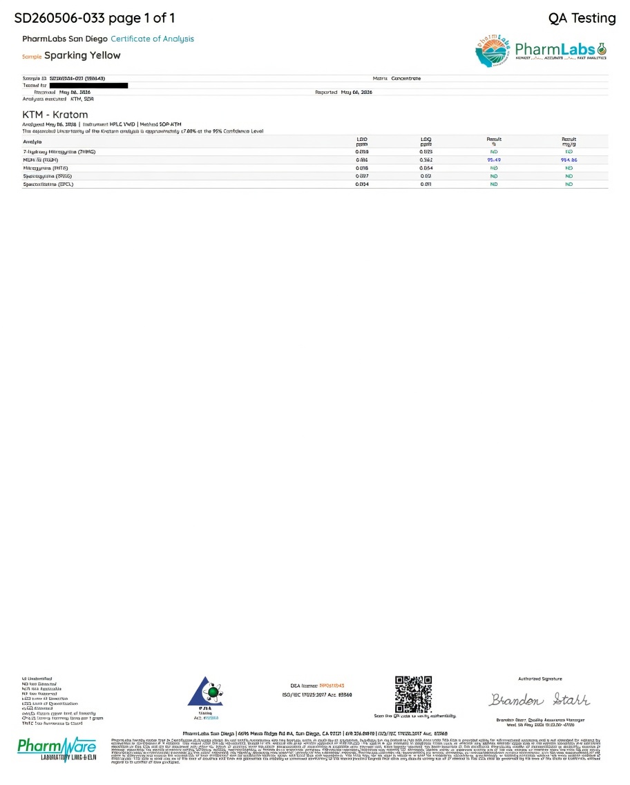 Tucson Arizona Kratom — PharmLabs Certificate of Analysis for Sparking Yellow strain lab tested in San Diego