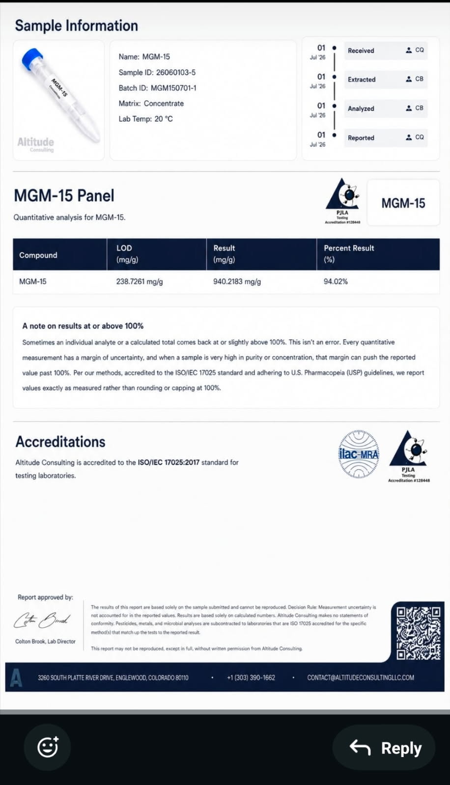 Lab tested kratom extract free delivery in Tucson Arizona — Altitude Consulting MGM-15 quantitative analysis certificate
