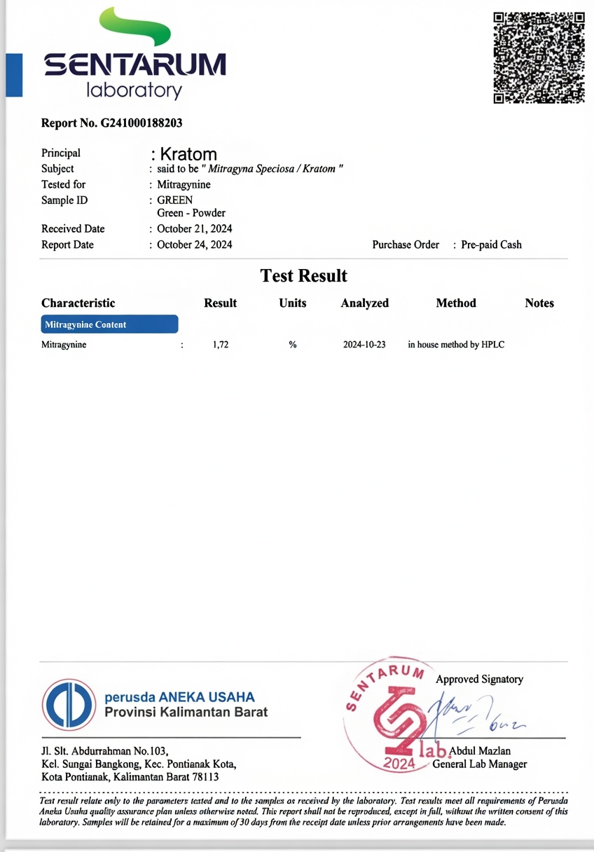 Sentarum Laboratory Certificate of Analysis — Kratom Mitragynine Content Test Result